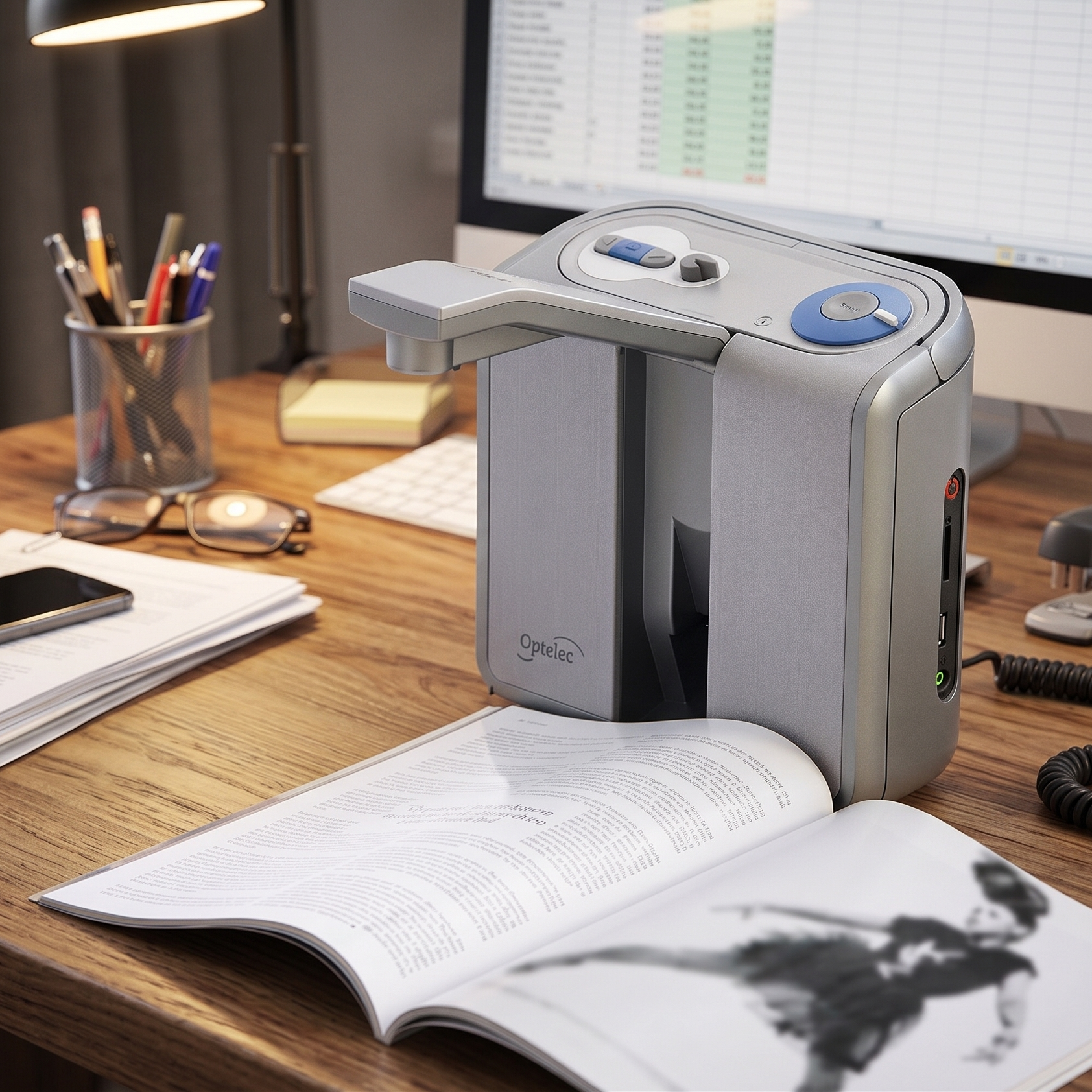 Dispositivo portátil de lectura parlante ClearReader configurado para escanear páginas en un espacio de trabajo profesional.