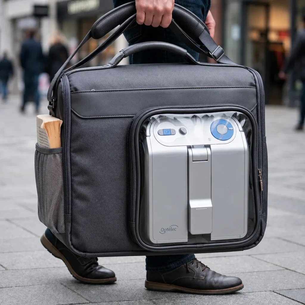 Una persona transportando el lector parlante ClearReader de manera práctica en un bolso.