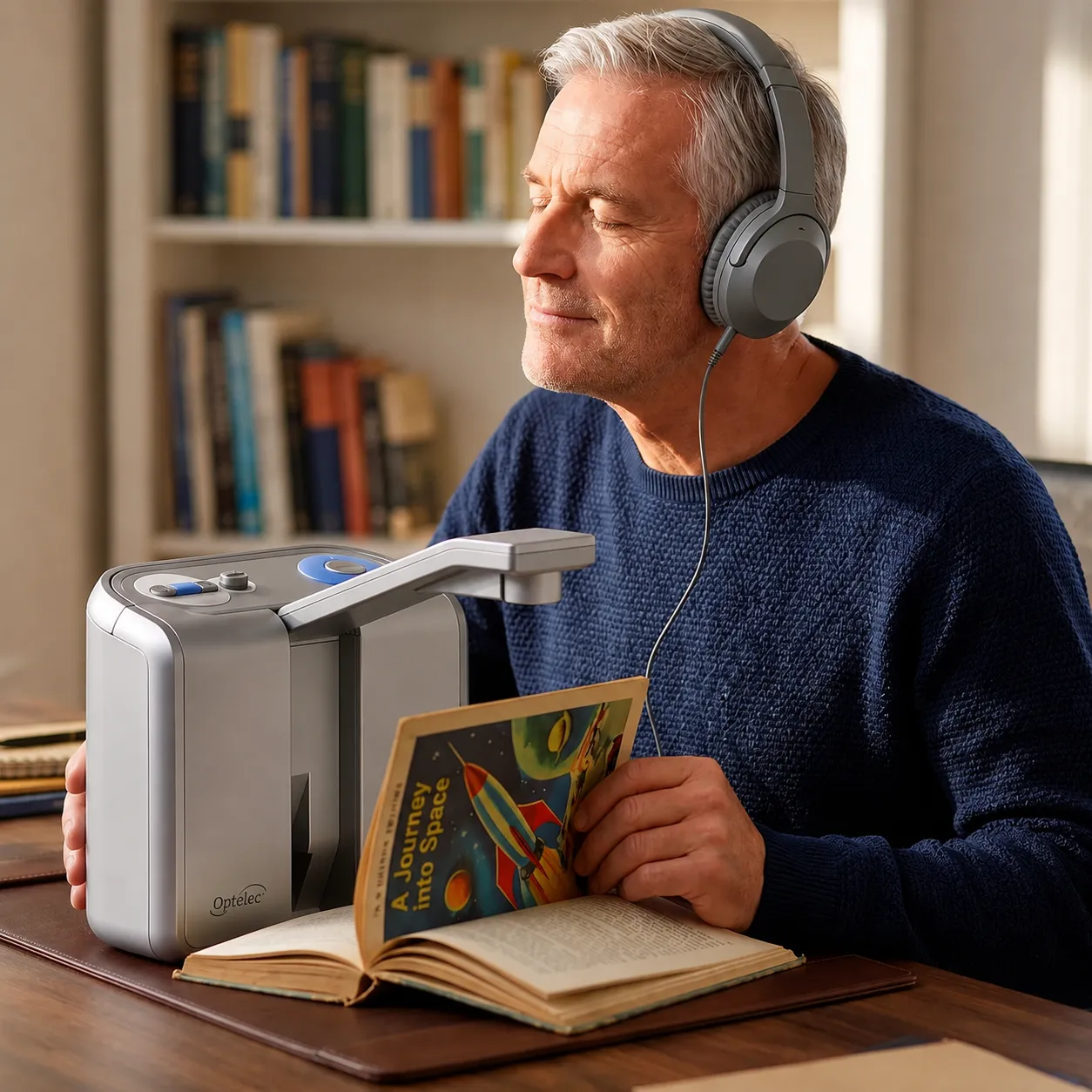 Lector digital CearReader procesando un libro abierto mientras un usuario escucha la lectura con auriculares.
