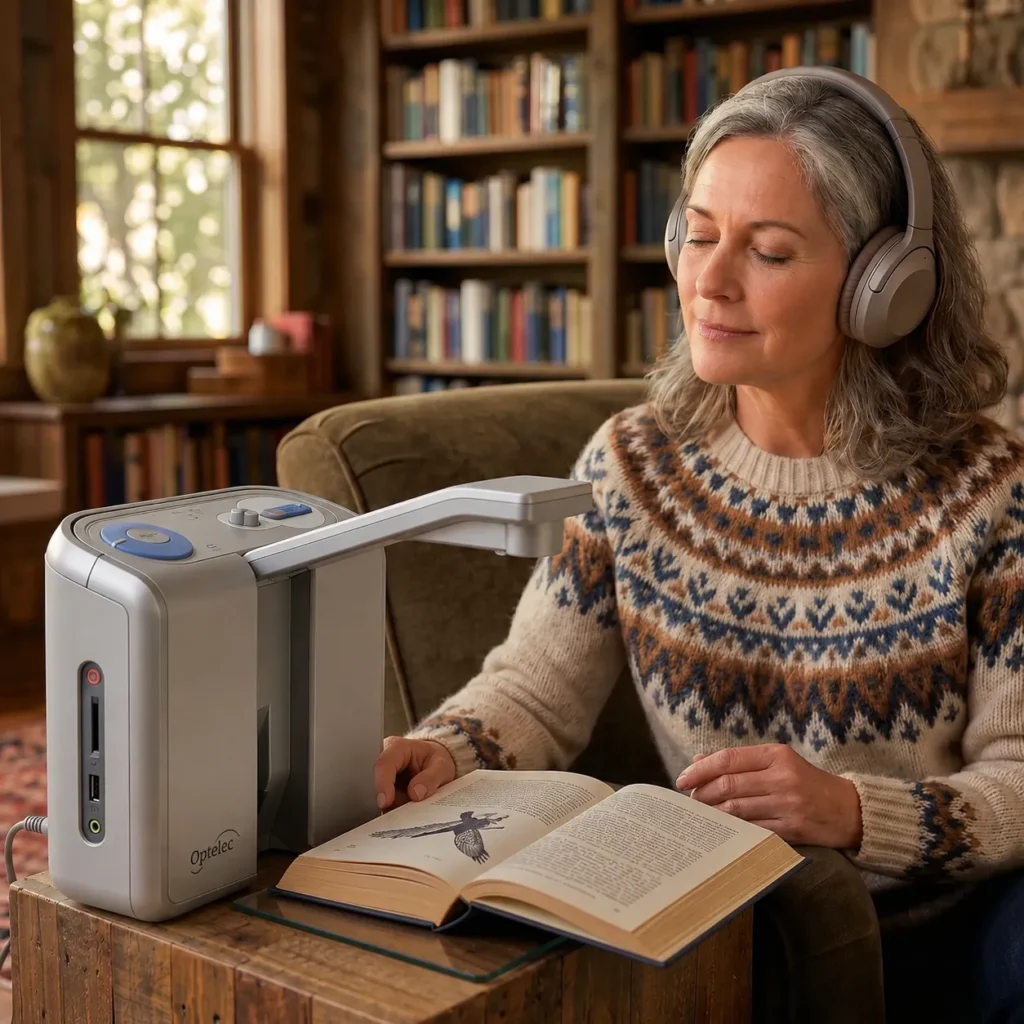 Lector digital CearReader procesando un libro abierto mientras un usuaria escucha la lectura con auriculares.
